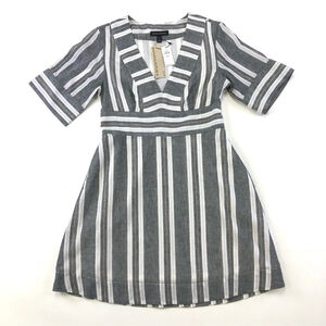 Banana Republic NEW grey white stripe shirt sleeve linen/cotton dress 2Petite